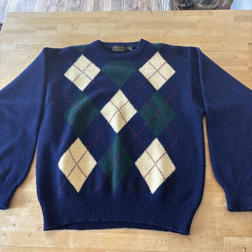 Vintage Eddie Bauer Men’s XL 100% Shetland Wool Argyle Sweater Made In Hong Kong - Picture 1 of 9